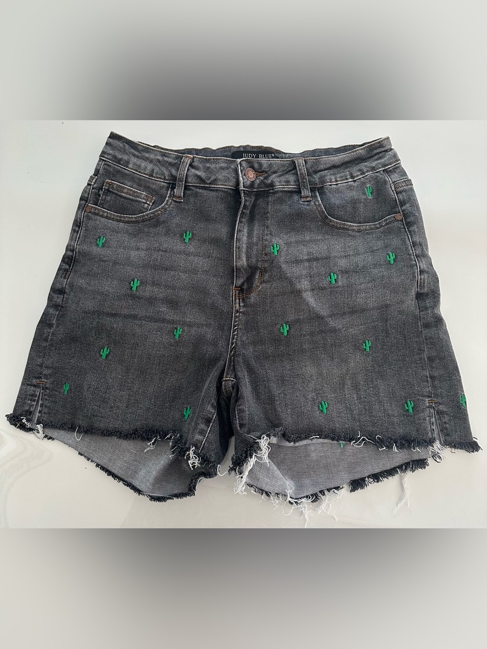 Judy Blue 1X Plus Cactus Embroidered Gray Black Raw Hem Cut-Off Shorts Hi Waist